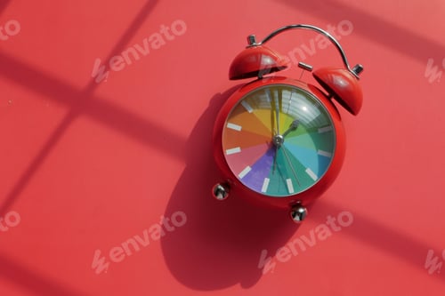 Preview: Vibrant and Colorful Alarm Clock Set Against a Bright, Bold Red Background for Display