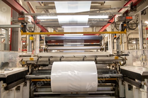 Preview: Huge industrial machine with rolled newly produced transparent polyethylene film