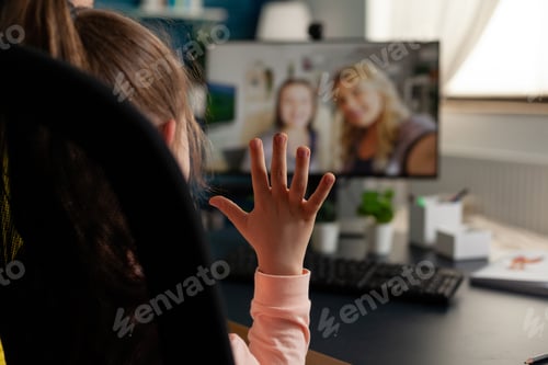 Preview: Schoolchild greeting remote friends discussing school leeson
