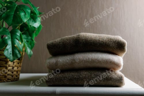 Preview: Stylish cashmere sweaters on a white closet with a flower.