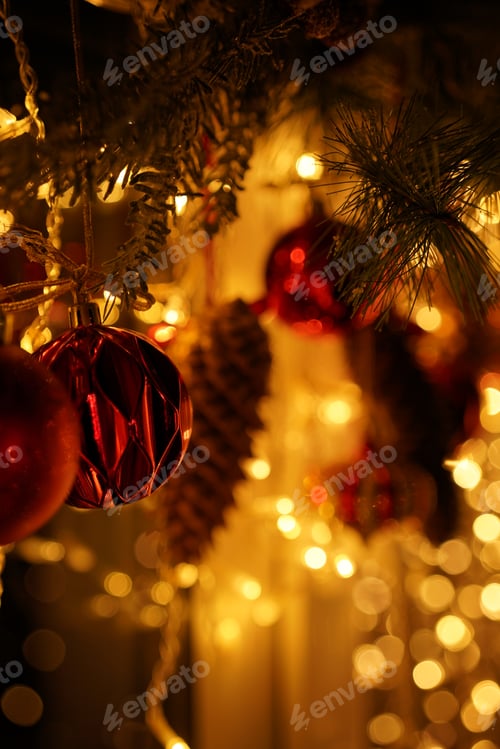 Preview: New Year 2022. interior with candles, bulbs and bokeh. Room decorated to celebration. Christmas tree