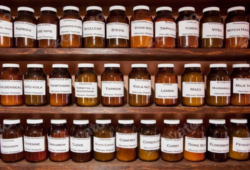 Preview: Labelled stock, jars of medicinal herbs and plants on shelves in an apothecary shop