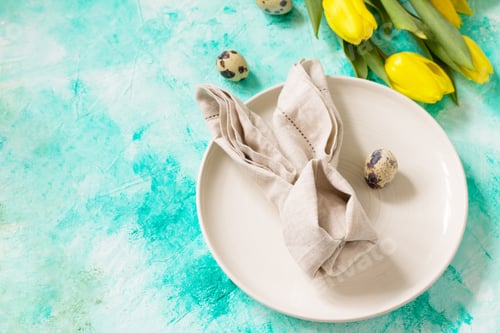Preview: Holidays Easter table Setting with spring flowers.