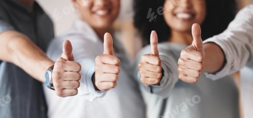 Preview: Success thumbs up, team support and happy with collaboration in office, agreement in training at st