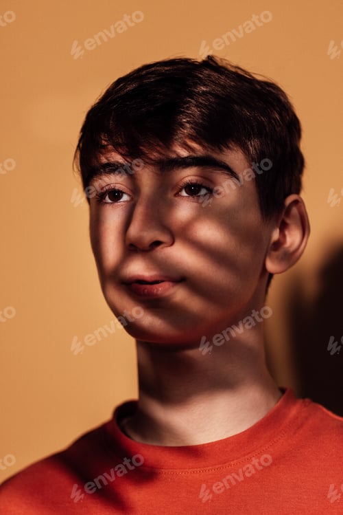 Preview: Close-up portrait of a male thoughtful teenager in warm indoor light