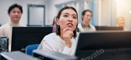 Preview: Japanese people, business and computer with thinking, connection and communication as stocks trader