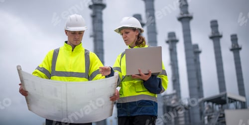 Preview: Engineers wearing safety gear, including hard hats examining survey a large blueprint tablet standin