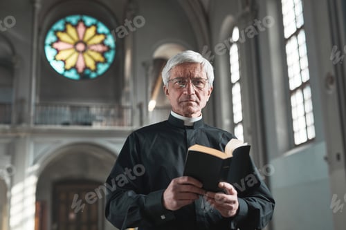Vista previa: Sacerdote mayor de pie en la iglesia