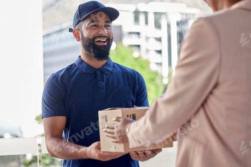 Preview: Delivery, man and courier service with customer or box for ecommerce order for online shopping. Ord