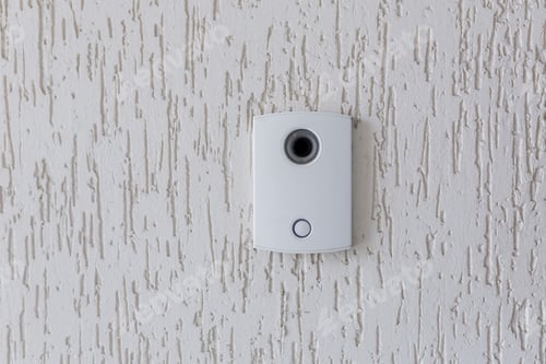 Preview: Door lock bell with video camera for communication, on white wall of office or home