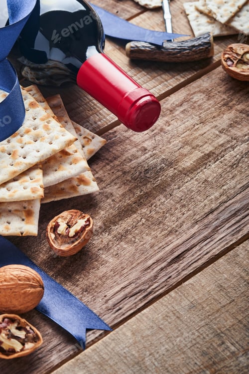Preview: Matzah and walnut. Traditional ritual Jewish bread on old wooden rustic background. Passover food. P