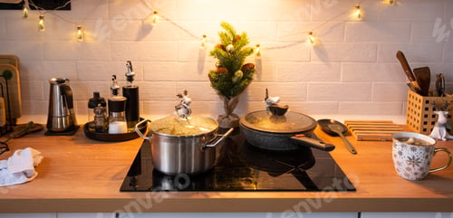 Preview: Festive Christmas decor and mess in the kitchen, cooking treats for the feast. New Year, mood, home