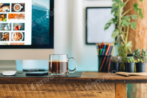 Preview: Black coffee in a mug on the desk in the house