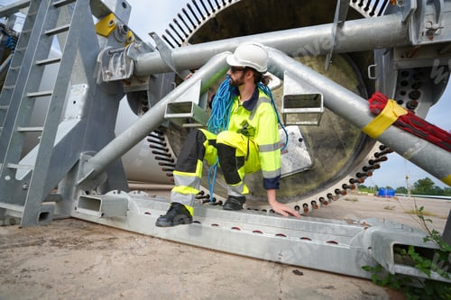 Preview: Windturbine inspector wearing Personal protective equipment working at wind turbines farm .