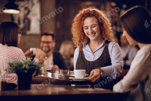 Preview: Happy waitress serving coffee to a customer in a cafe.