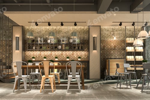 Preview: 3d rendering loft and luxury hotel reception and cafe lounge restaurant