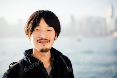 Preview: Portrait of mid adult man with goatee and mustache looking at camera smiling