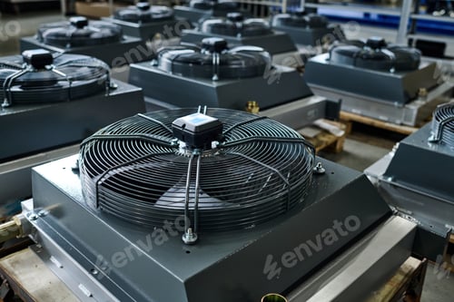 Preview: Group of new industrial equipment or parts of huge machines in workshop