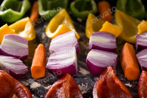 Colorful Vegetables Ready for Roasting on Baking Sheet