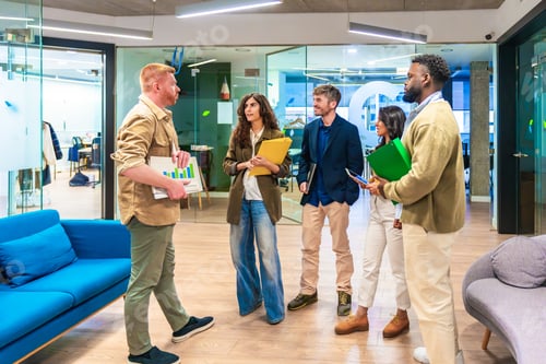 Preview: Startup team discussing business strategy in modern office, collaboration and innovation