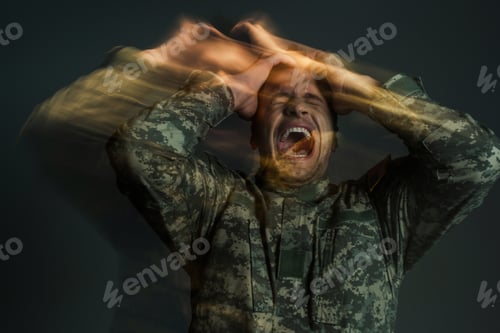 Preview: long exposure of soldier in uniform screaming while suffering from dissociation disorder isolated