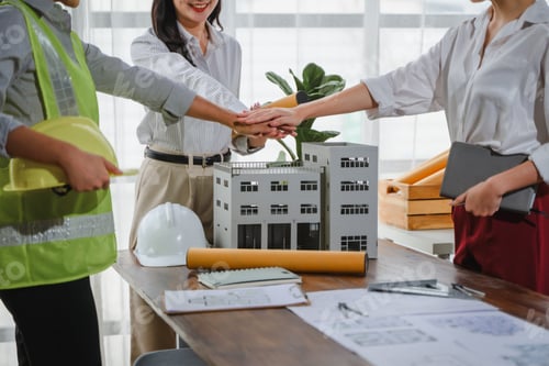 Preview: Architects joining hands over building model during meeting