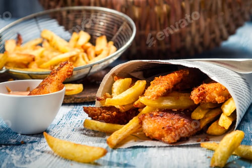 Preview: Closeup of Fish & Chips served in paper