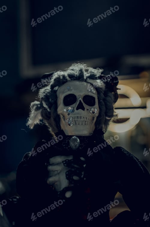 Preview: creepy halloween themed skeleton in an old fashioned room with lights