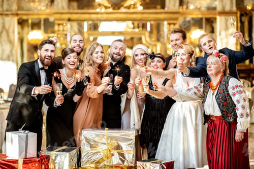 Preview: Well-dressed people celebrating New Year indoors