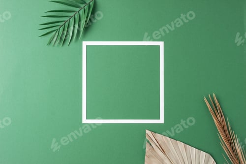 Preview: Minimal composition with white frame and palm leaf on green background. Flat lay, copy space