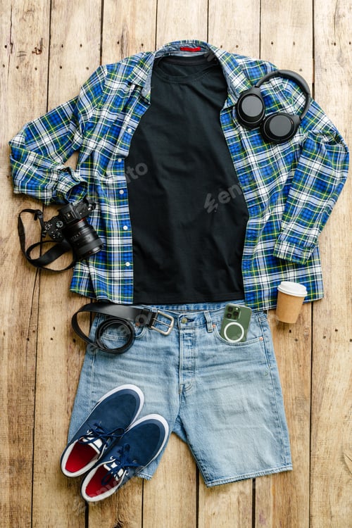 Preview: Flatlay with casual clothes jeans, shirt and shoes on wooden background