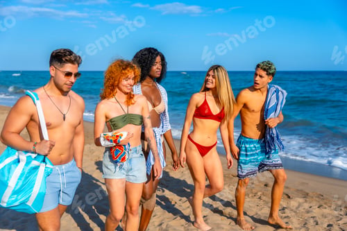Preview: Happy friends walking on the beach during summer vacation