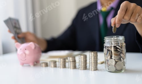 Preview: Saving Money in Glass Jar with Piggybank
