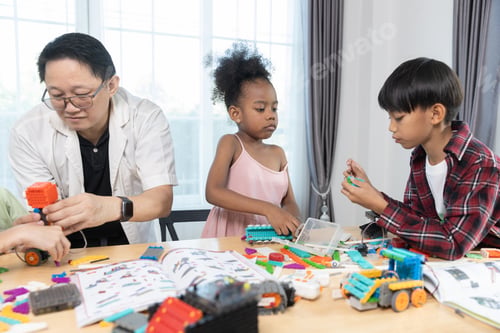 Preview: Education STEM children student girl classroom in school. Robot assembly training, brain development
