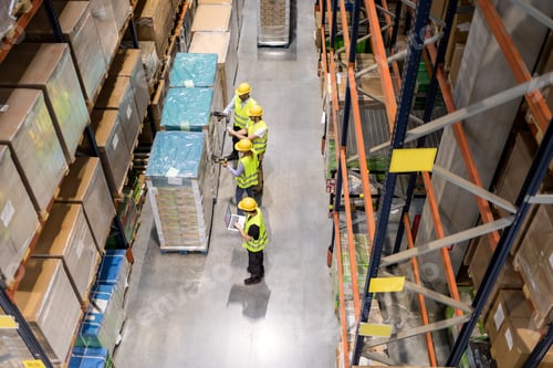 Preview: Group of warehouse workers scanning packages on pallets, view from above