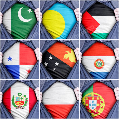 Preview: Collection of ripping shirts showing printed flags of different countries