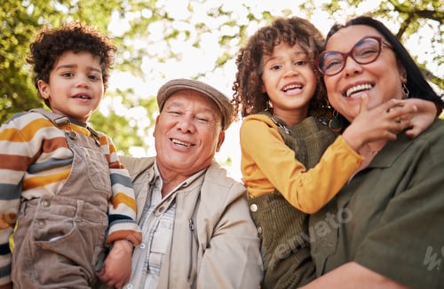 Preview: Grandparents, children and portrait with a smile in park, garden or happy family relax together out