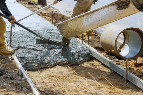 Preview: Cement truck mixer pouring fresh concrete on reinforced cement sidewalk