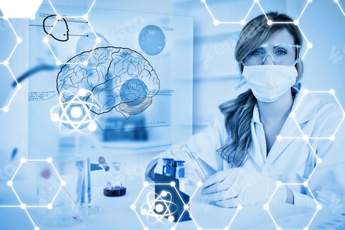 Preview: Science Graphic Against Chemist Working In Protective Suit With Futuristic Interface Showing A Brain