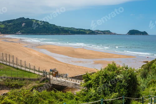 Preview: Aerial view to the Zarautz Beach, Basque Country, Spain on a beautiful summer day