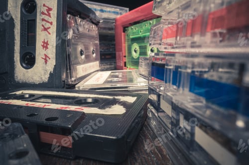 Preview: Stack of cassettes and spinning in player. Cassette and player.