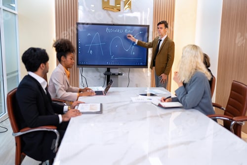 Preview: Employee on job corporate Business colleagues around the table look presentation from large screen