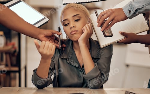 Preview: Bored, uninterested or multitasking and a business black woman in the office with her demanding tea