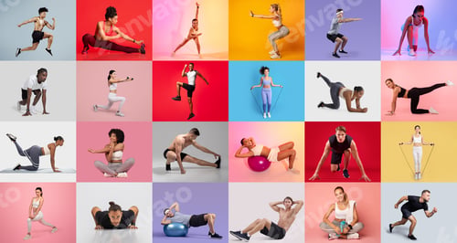 Preview: Diverse group of individuals engaging in various fitness activities indoors