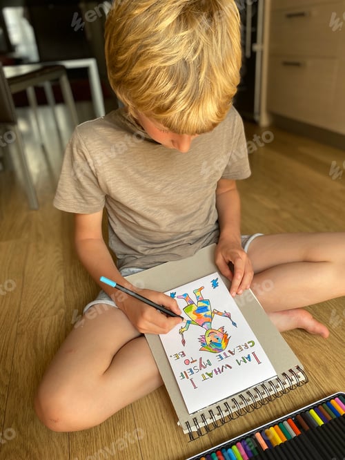 Preview: boy drawing, makes postcard with colorful boy and motivation phrases- I’m what I create myself to be