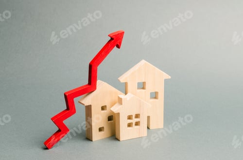 Preview: Miniature wooden houses and red arrow up