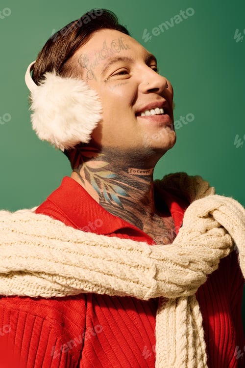 Preview: Young man with tattoos enjoys a cozy winter day wearing earmuffs and a knitted scarf