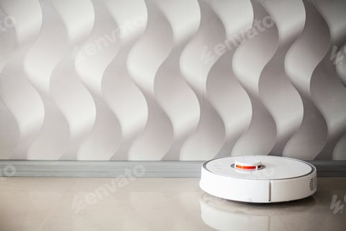Preview: Smart House. Vacuum cleaner robot runs on wood floor in a living room