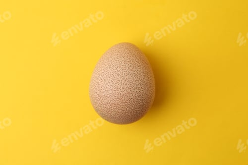 Preview: One raw chicken egg on yellow background, top view