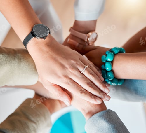 Preview: Business people, hands together zoom and diversity of women in office feeling support and success.